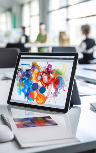 Tablet screen mockup with digital art work design, user friendly app concept